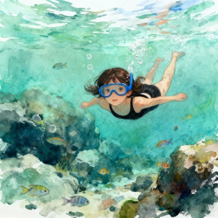 Aquarell-Illustration: Ein Mädchen taucht mit Schwimmbrille durch klares Wasser, umgeben von bunten Fischen