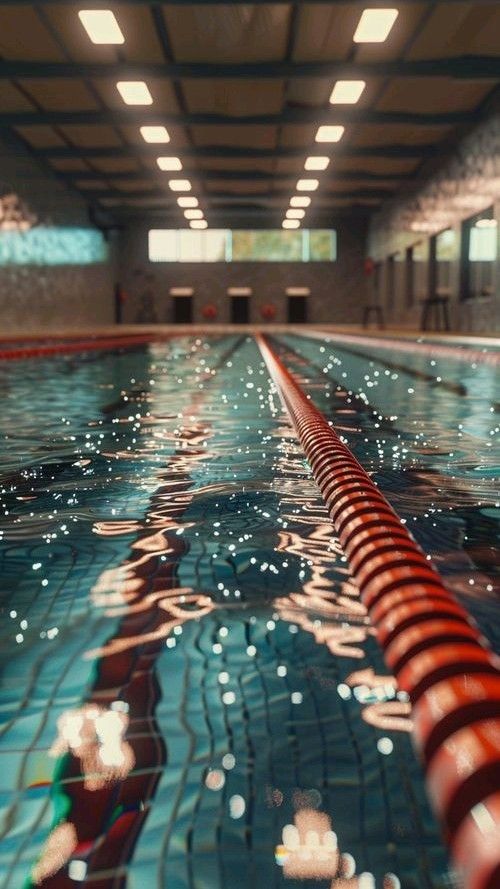 Schwimmbecken mit Bahnleinen in einer hellen Schwimmhalle